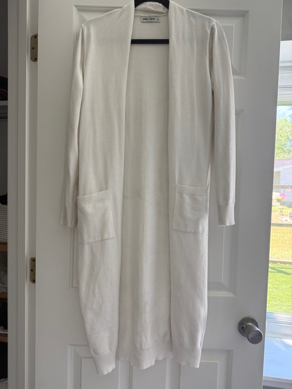 Grace Karin Ivory Long Open-Front Knit Cardigan with Pockets